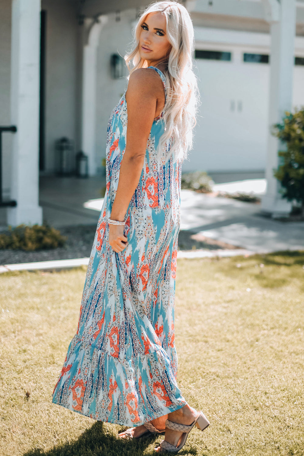 Printed Spaghetti Strap Ruffle Hem Maxi Dress