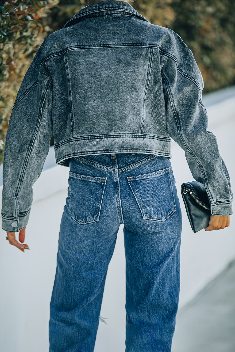 Acid Wash Lapel Collar Cropped Denim Jacket - Anchor Blue Jeans