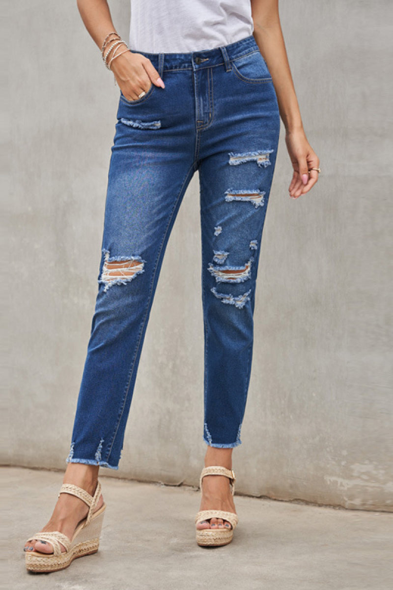 High Rise Distressed Cropped Jeans