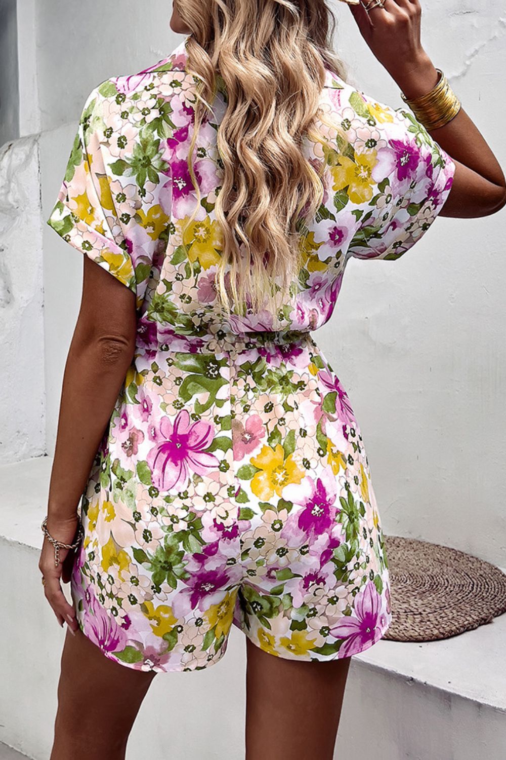 Floral Drawstring Lapel Collar Romper with Pockets