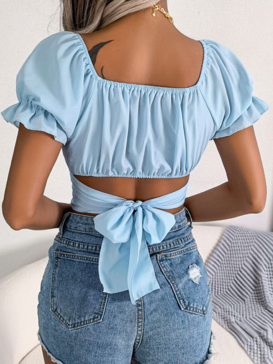 Square Neck Crisscross Flounce Sleeve Cropped Top