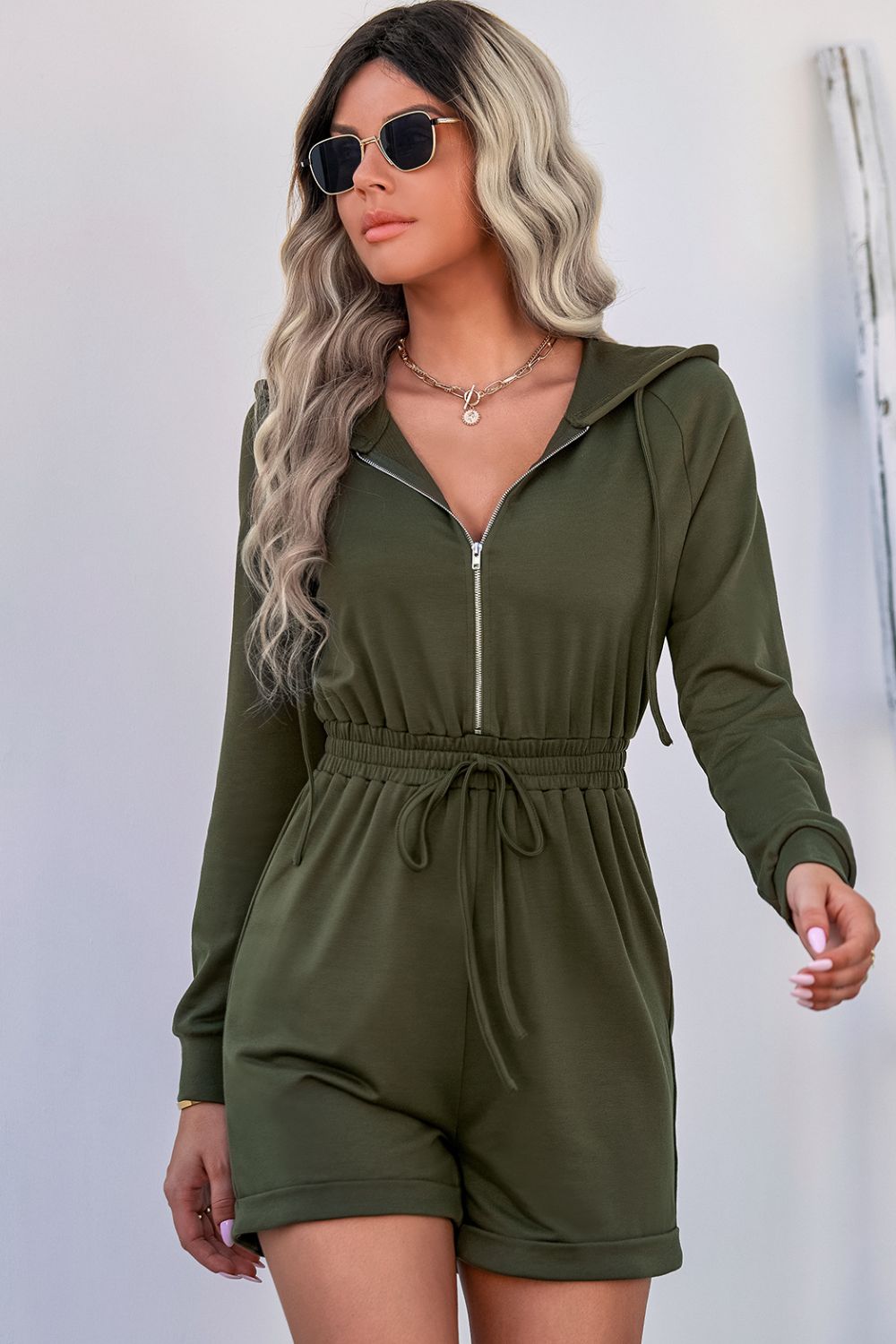 Zip Up Drawstring Detail Hooded Romper