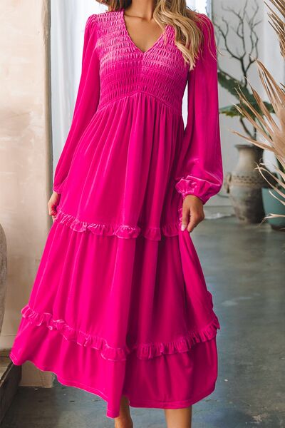 Frill V-Neck Balloon Sleeve Tiered Dress