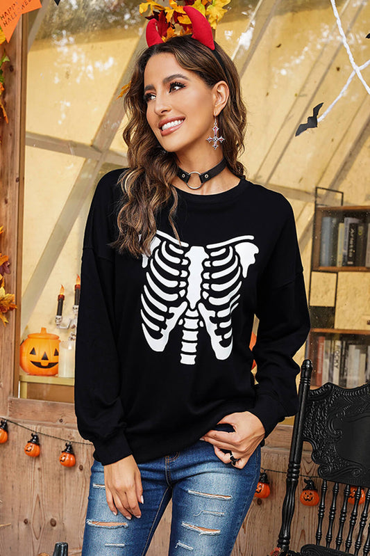 Halloween Skeleton Graphic Round Neck Sweatshirt
