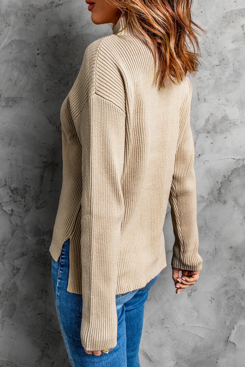 Rib-Knit Slit Dropped Shoulder Sweater